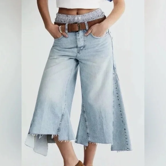 $148 NEW Free People We The Free Ripple Wide-Leg Pieced Crop Jeans Size 24 L